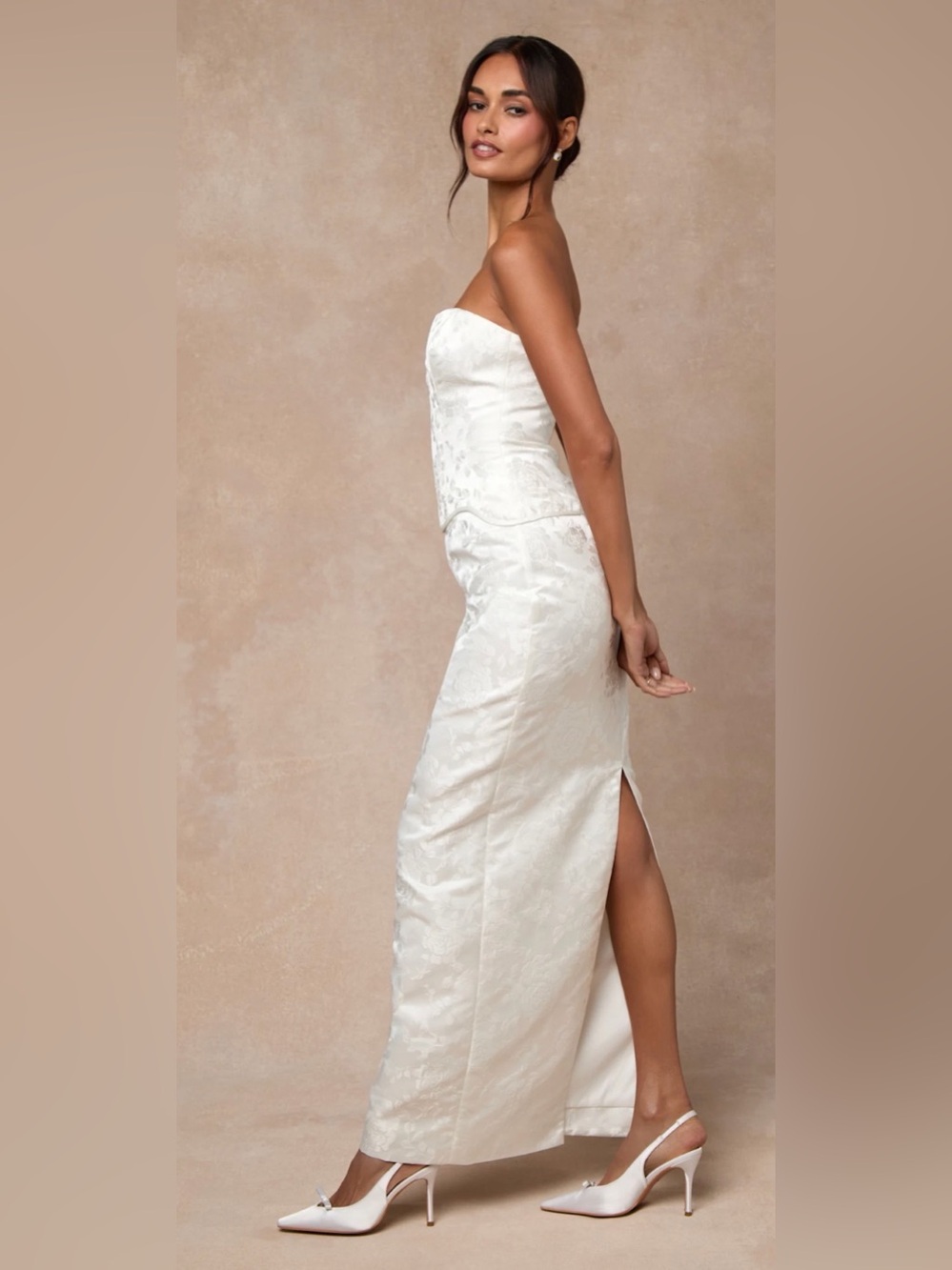Lulus Melva White/cream Satin Jacquard Two-Piece Bustier Maxi Dress